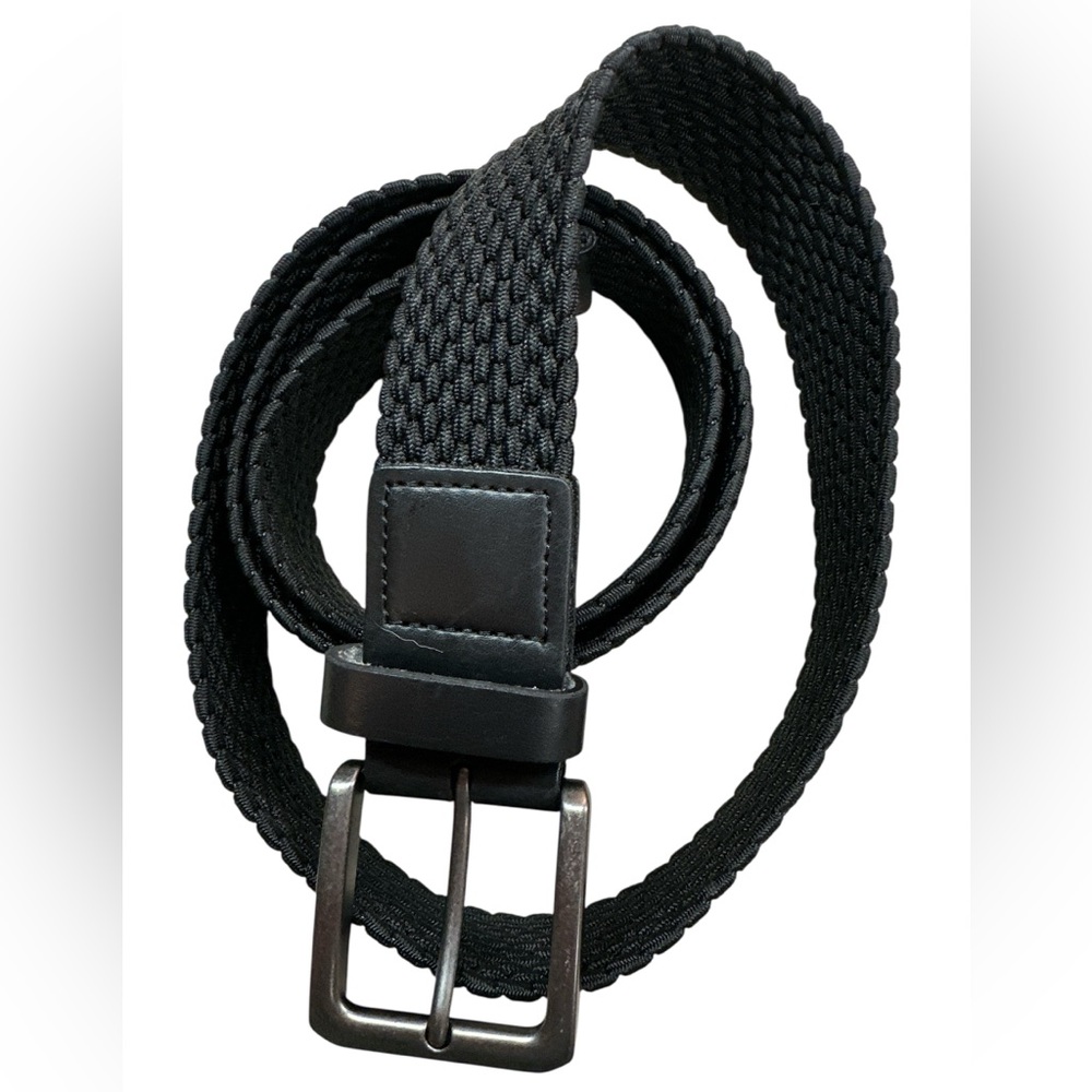Casual Stretch Braided Black Belt Leather Tab Ends Square Nickel Buckle Mens XL